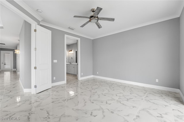 empty room with ceiling fan and crown molding