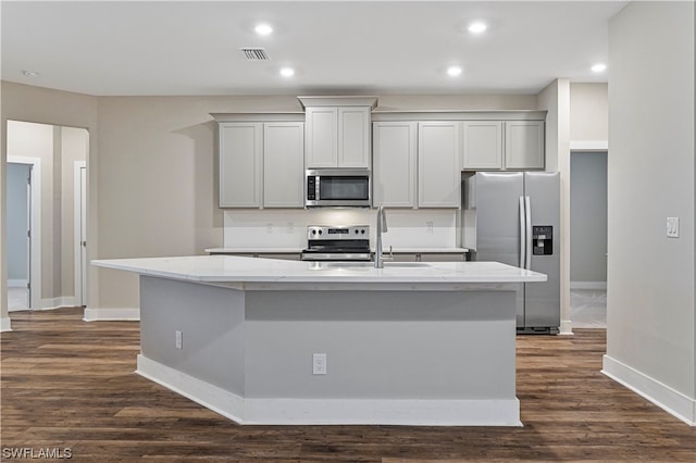 kitchen featuring an island with sink, stainless steel appliances, dark hardwood / wood-style flooring, gray cabinetry, and sink