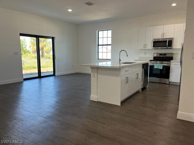 kitchen with white cabinets, dark wood-type flooring, sink, and stainless steel appliances