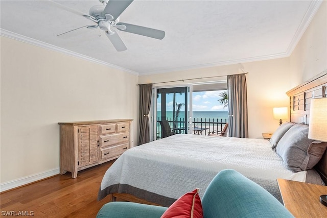 bedroom with ceiling fan, access to exterior, a water view, wood-type flooring, and ornamental molding