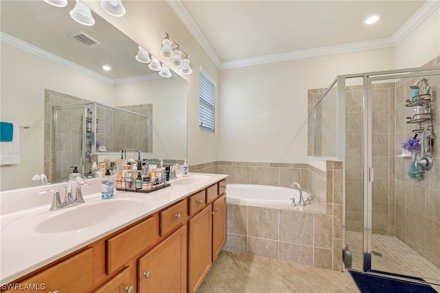 bathroom with crown molding, separate shower and tub, tile floors, and dual vanity