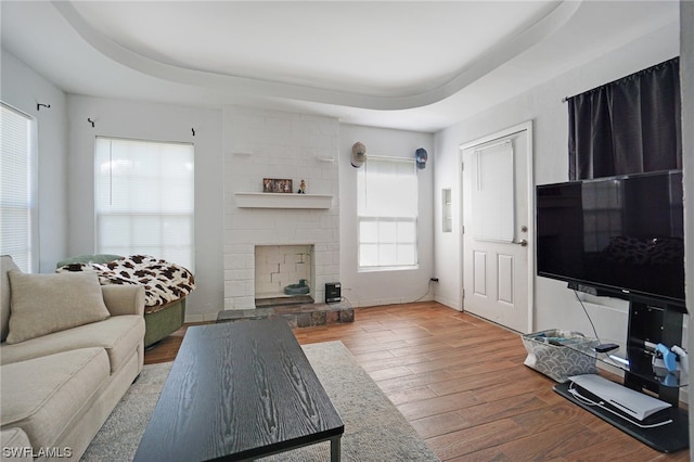 2147 Washington Ave, Naples, FL 34112 - living room with a raised ceiling, hardwood / wood-style floors, and a fireplace