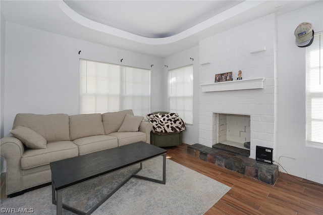 2147 Washington Ave, Naples, FL 34112 - living room featuring a raised ceiling, a large fireplace, and dark hardwood / wood-style flooring