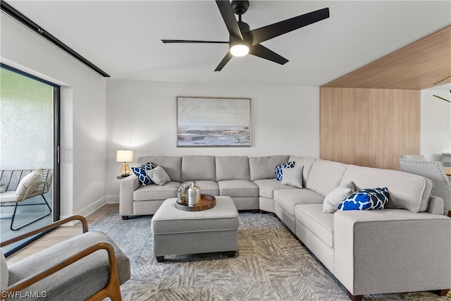 living room featuring ceiling fan