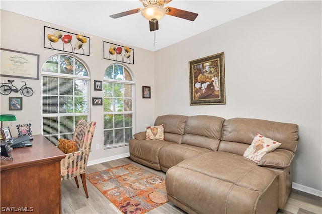 office space featuring ceiling fan and hardwood / wood-style floors