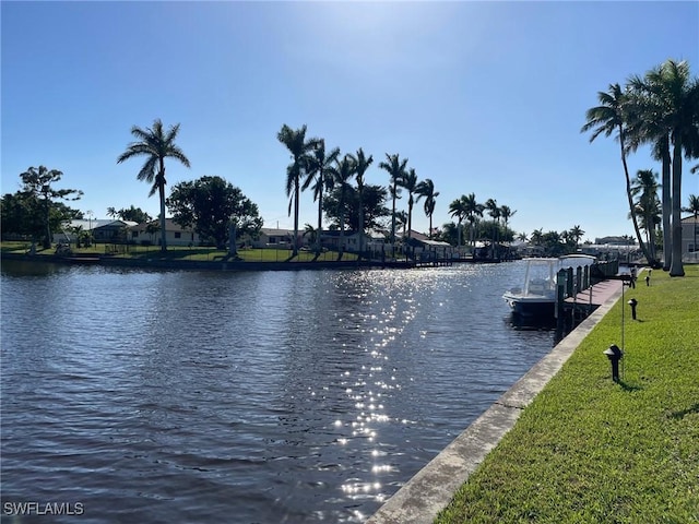 view of dock featuring a yard and a water view