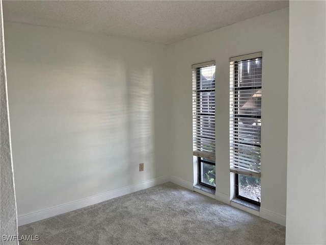 carpeted empty room with a wealth of natural light, a textured ceiling, and baseboards