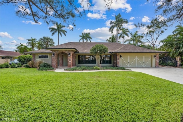 single story home featuring a garage and a front yard