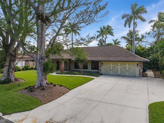 ranch-style home with a front yard and a garage