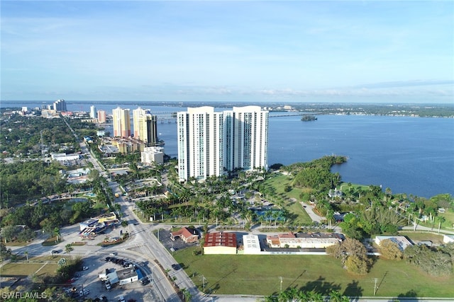 drone / aerial view featuring a water view