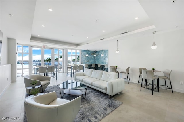 living room featuring a raised ceiling