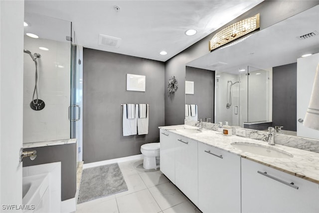 full bathroom featuring separate shower and tub, tile patterned flooring, vanity, and toilet