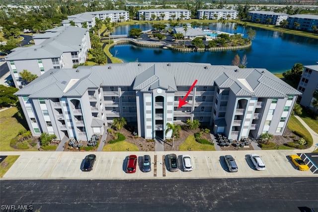 aerial view featuring a water view