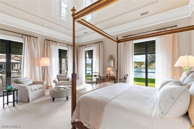 bedroom with ornamental molding, carpet flooring, access to outside, and french doors