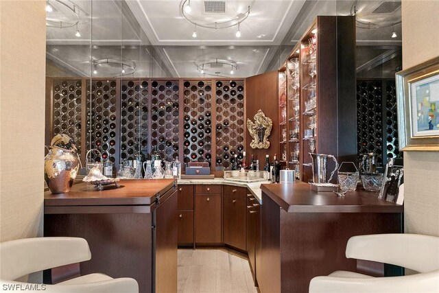 wine cellar featuring bar area and light wood-type flooring