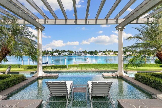 view of swimming pool featuring a water view and a pergola