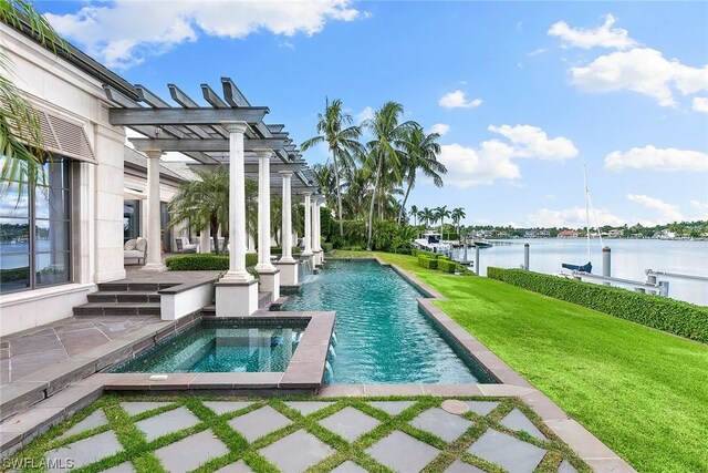 view of pool with a water view, a yard, an in ground hot tub, and a pergola