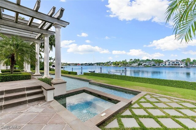 view of swimming pool with an in ground hot tub, a water view, a patio, and a pergola