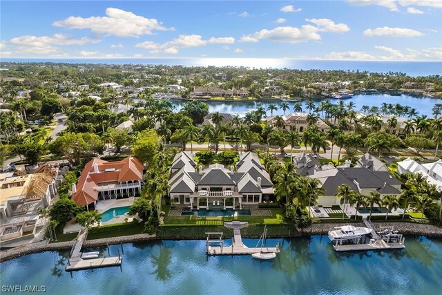 aerial view featuring a water view