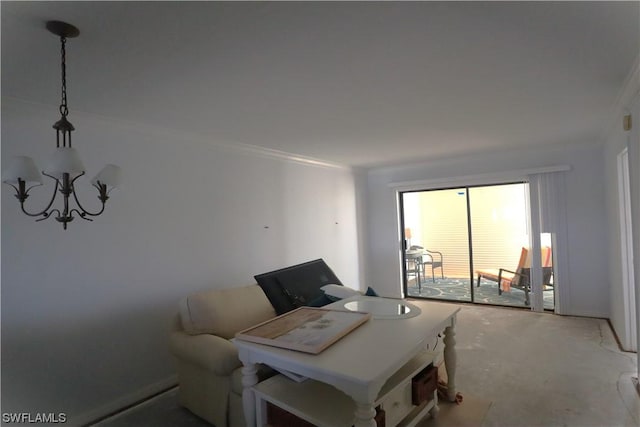 dining area with a chandelier and concrete flooring