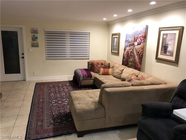 tiled living room featuring ornamental molding