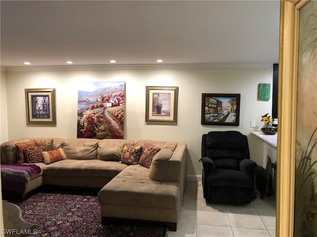 living room with crown molding and light tile patterned floors