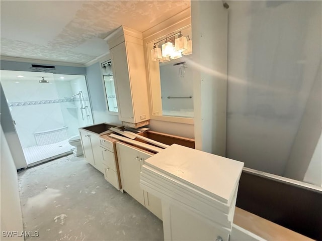 bathroom with walk in shower, ornamental molding, toilet, and concrete flooring