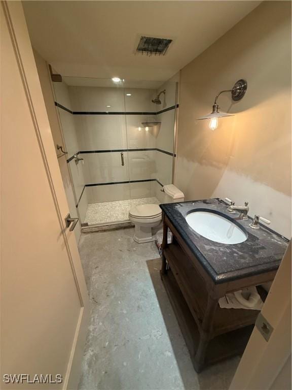 bathroom featuring vanity, concrete flooring, toilet, and walk in shower