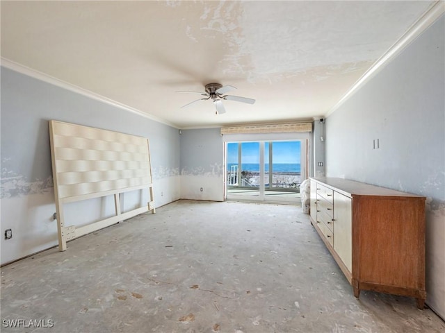 unfurnished living room with ornamental molding and ceiling fan