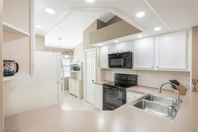 kitchen with decorative light fixtures, a notable chandelier, tasteful backsplash, black appliances, and sink