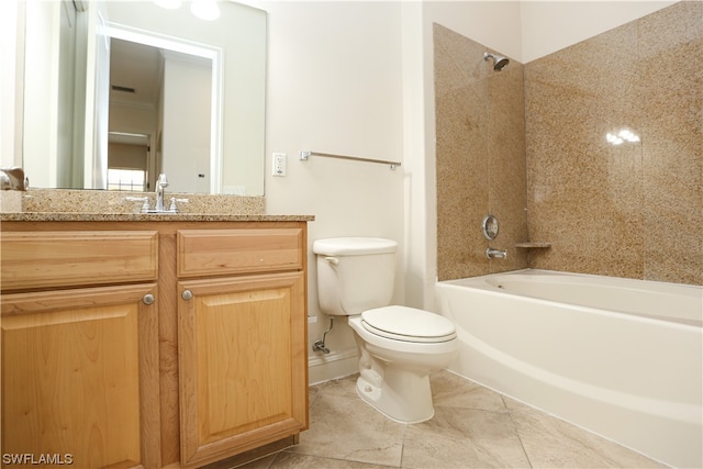 full bathroom with tiled shower / bath combo, toilet, vanity with extensive cabinet space, and tile flooring