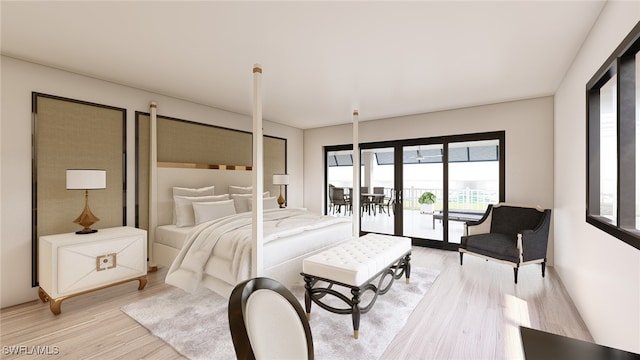 bedroom with access to outside and light wood-type flooring