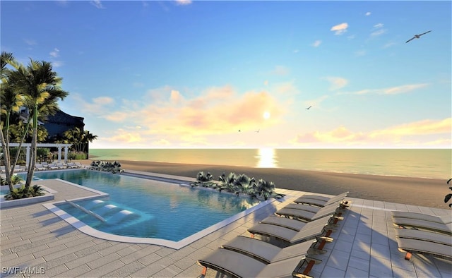 pool at dusk with a patio, a water view, and a pergola