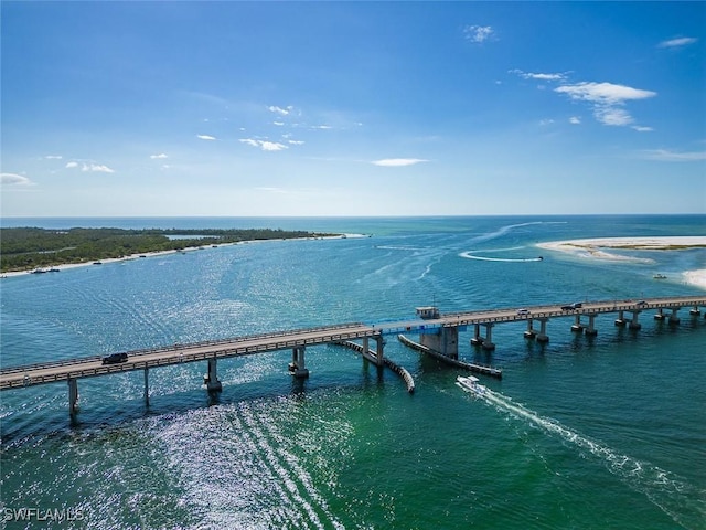 birds eye view of property featuring a water view and a pier