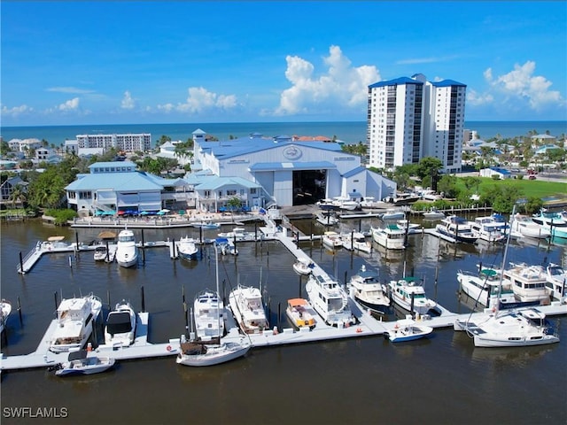 aerial view featuring a view of city and a water view