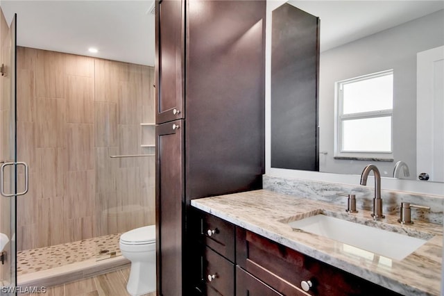 bathroom with vanity, toilet, and a shower with shower door