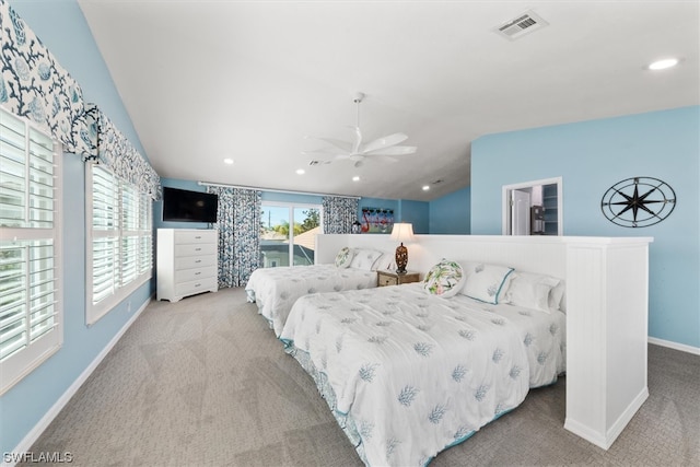 carpeted bedroom with access to exterior and ceiling fan