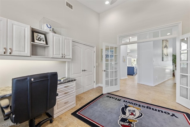 tiled home office with french doors