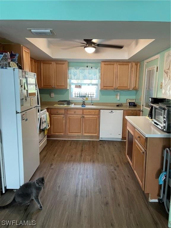 kitchen with dark hardwood / wood-style floors, white appliances, a tray ceiling, and sink