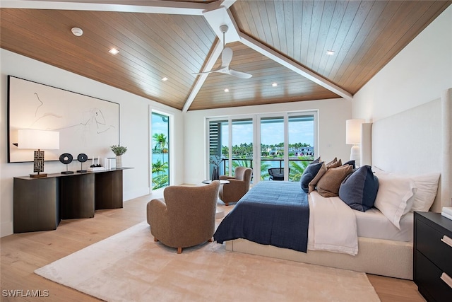 bedroom featuring vaulted ceiling, light wood-style floors, wood ceiling, access to outside, and recessed lighting