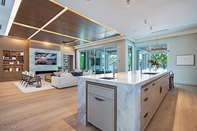 kitchen with light wood finished floors, a sink, an island with sink, and light stone counters