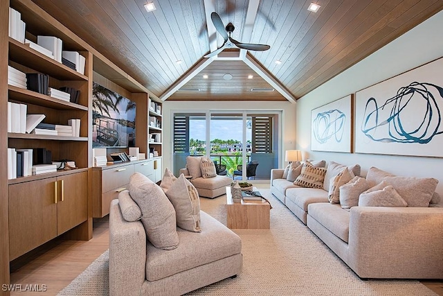 living area featuring wood ceiling, lofted ceiling, recessed lighting, and ceiling fan