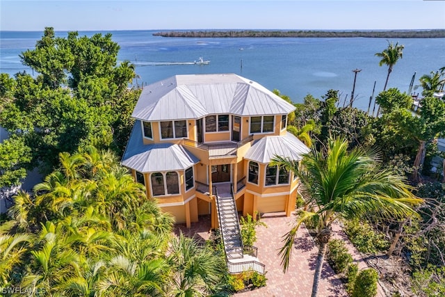 drone / aerial view featuring a water view