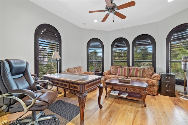 office space with plenty of natural light, ceiling fan, and light hardwood / wood-style flooring