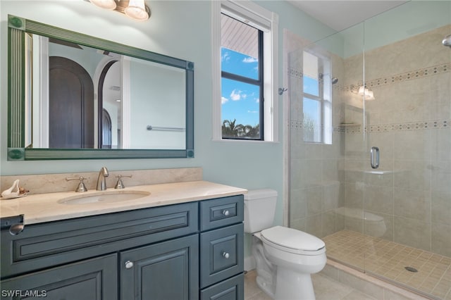 bathroom featuring walk in shower, toilet, vanity, and tile flooring