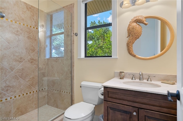 bathroom featuring vanity, toilet, and walk in shower