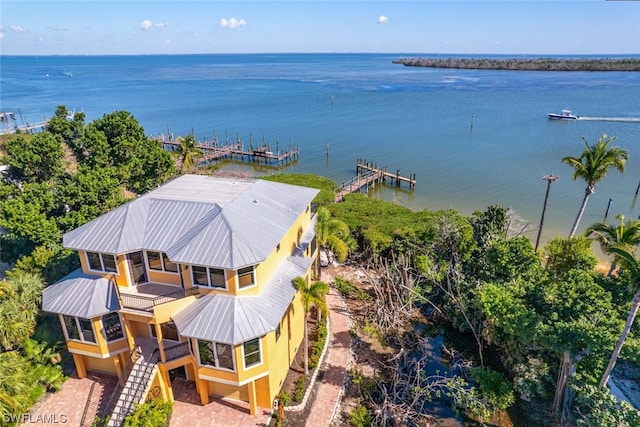 drone / aerial view featuring a water view