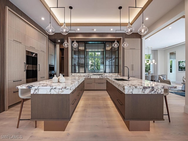 kitchen featuring a spacious island, pendant lighting, sink, and light stone counters