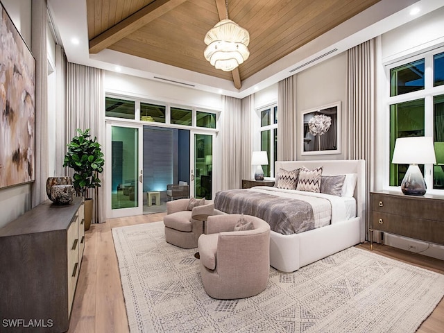 bedroom featuring light hardwood / wood-style flooring, beam ceiling, and wood ceiling