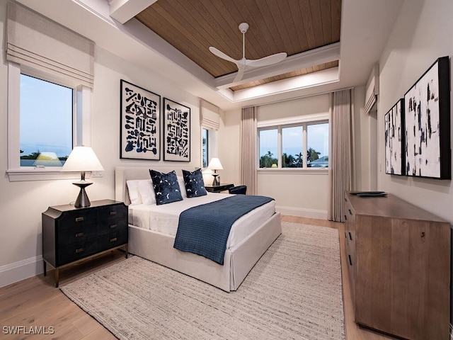 bedroom with light hardwood / wood-style floors, ceiling fan, and wooden ceiling